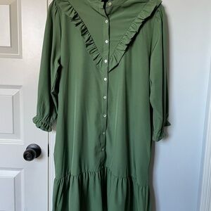 Green Ruffled Button-Down Dress